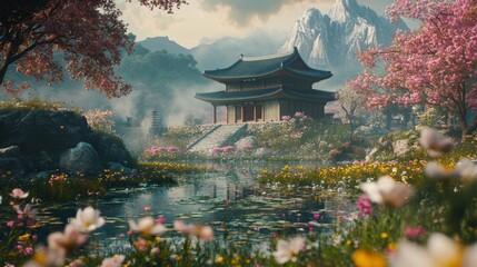 A scenic view of a Korean palace surrounded by blooming flowers during festive season