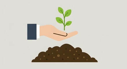 Hand wearing a suit holding seedling icon above soil mound