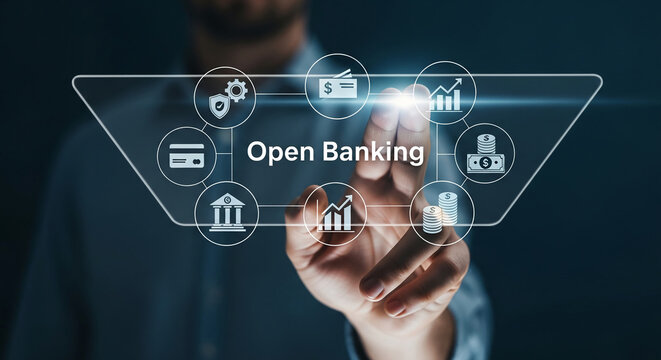 Hand interacts with transparent digital interface showing Open Banking concept, featuring financial icons like credit card, bank, money, and growth chart, symbolizing modern finance and technology