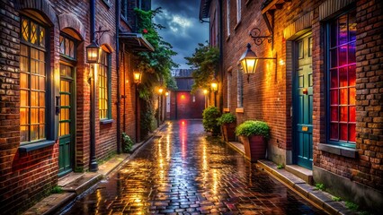 Fototapeta premium A charming cobblestone street, illuminated by warm lamplight on a rainy night, creates a cozy and romantic atmosphere