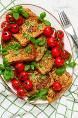 Easy Savory French Toast with Roasted Cherry Tomatoes and Basil..selective focus