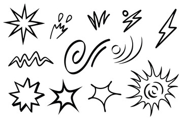 Comic line sparkle and movement elements set. black ink motion accents, burst effects, and dynamic hand drawn stroke symbols perfect for manga, cartoon, or pop art vector illustration projects.