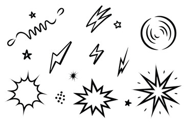 Comic line sparkle and movement elements set. black ink motion accents, burst effects, and dynamic hand drawn stroke symbols perfect for manga, cartoon, or pop art vector illustration projects.