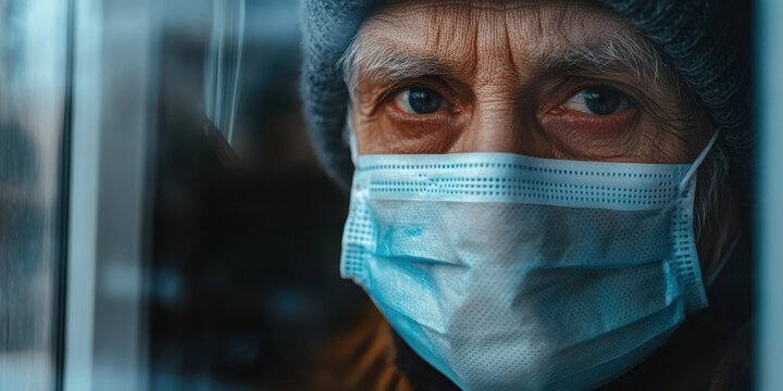 Elderly Man in Protective Face Mask Gazes Through Window, Emphasizing Safety and Health at Home During Virus Times - Powered by Adobe