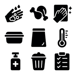Safe Kitchen Icons. Solid, filled icons set of safe kitchen practices: handwashing icon, separate raw meat,