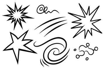 Comic line sparkle and movement elements set. black ink motion accents, burst effects, and dynamic hand drawn stroke symbols perfect for manga, cartoon, or pop art vector illustration projects.