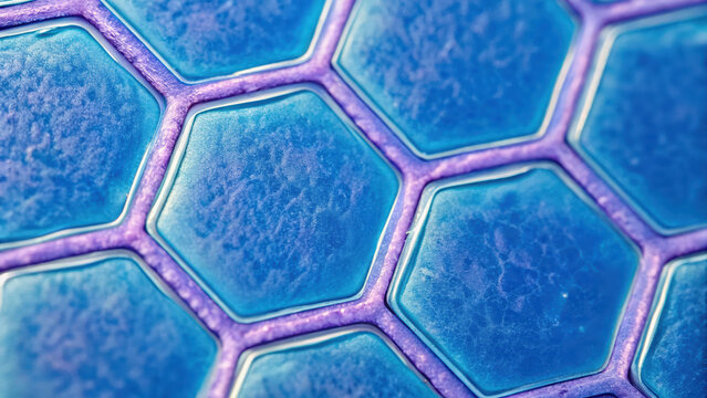 Endothelium cells form protective layer with hexagonal shapes in blue and purple tones creating textured biological surface pattern