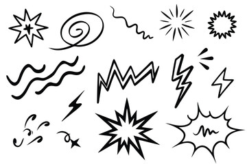 Comic line sparkle and movement elements set. black ink motion accents, burst effects, and dynamic hand drawn stroke symbols perfect for manga, cartoon, or pop art vector illustration projects.