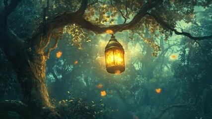 Enchanting lantern glowing in a mystical forest, illuminated by warm light, surrounded by ethereal butterflies - Powered by Adobe