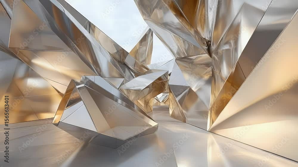 Poster abstract metallic architectural design with geometric shapes and reflections featuring silver and go