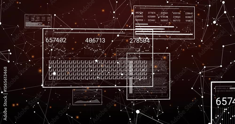 Poster Nodes pulsing, wireframe rectangles forming keyboard while panels updating visualizing live data