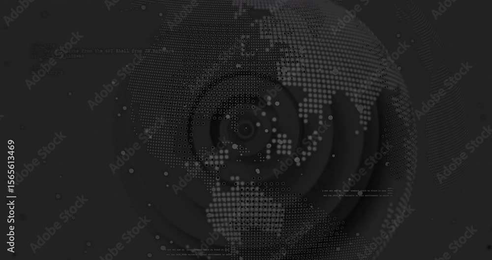 Poster opening dark scene, dotted globe rotating with pulsing rings, drifting points visualizing data flow