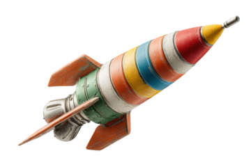 PNG Colorful vintage toy rocket with stripes and wooden fins