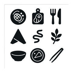 Styled Food Icons. Solid, filled icons set of styled food compositions: overhead shot, rustic board, cutlery