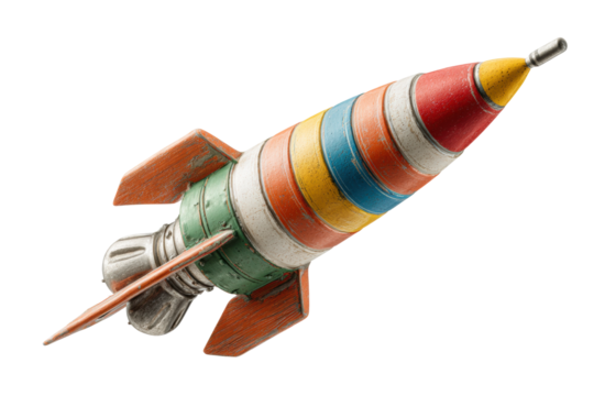 PNG Colorful vintage toy rocket with stripes and wooden fins