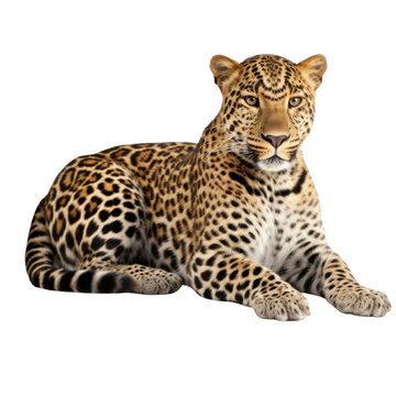 Resting leopard isolated on transparent background, majestic wild cat cutout
