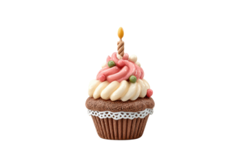 PNG Festive cupcake with swirled frosting and candle on black background