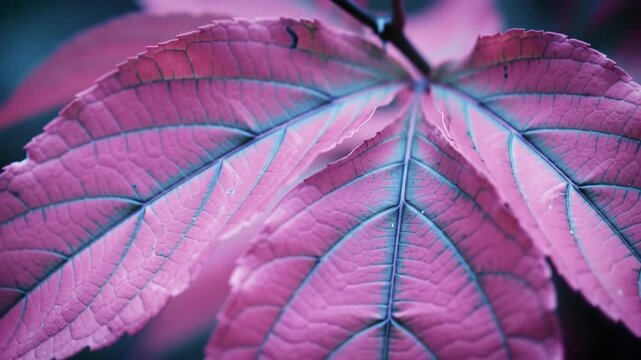 Close-up of a vibrant pink leaf with distinct veins in soft lighting