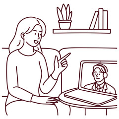 Black and white outline of woman pointing and talking to laptop screen during remote video call, suitable for coloring pages