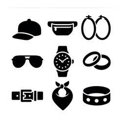 Urban Fashion Icons. Solid, filled icons set of urban fashion accessories: snapback cap, fanny pack, hoop