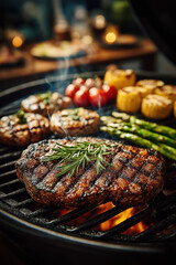 Barbecue estival avec grillades, légumes et viandes grillées, ambiance conviviale et festive en extérieur