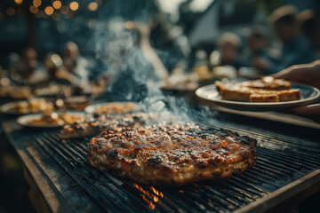 Barbecue estival avec grillades, légumes et viandes grillées, ambiance conviviale et festive en extérieur