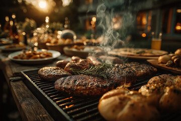 Barbecue estival avec grillades, légumes et viandes grillées, ambiance conviviale et festive en extérieur