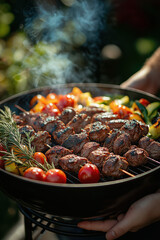 Barbecue estival avec grillades, légumes et viandes grillées, ambiance conviviale et festive en extérieur