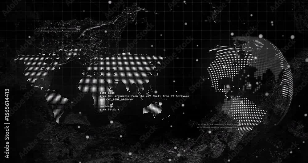 Poster startup code snippets fading in over dot-matrix map and rotating globe visualizing cyber analysis