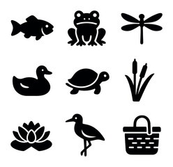 Naklejka premium Lakeside Wildlife Icons. Solid, filled icons set of lakeside wildlife: fish, frogs, dragonflies, ducks,