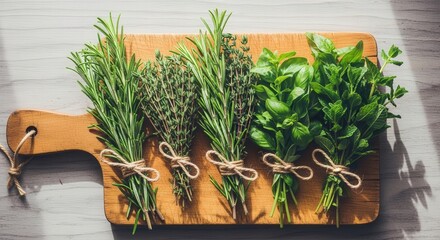 Fresh herbs bundles rosemary thyme basil and mint on wooden board for cooking and aromatherapy use
