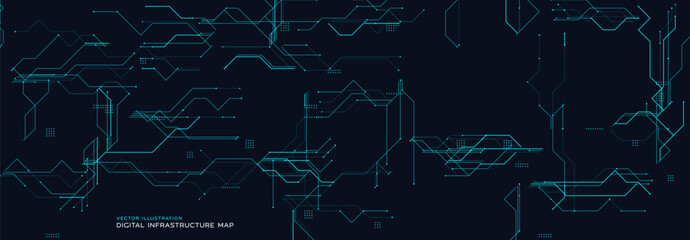 Digital Infrastructure Map With Circuit Lines. Abstract dark tech background with futuristic connections. Suitable for data systems, servers, and IT networks. Clean modern layout. Vector illustration