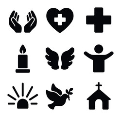 Fototapeta premium Healing Prayer Icons. Solid, filled icons set of Prayer for healing and comfort: healing hands, heart with