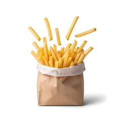 Fries potato food tossed above paper bag