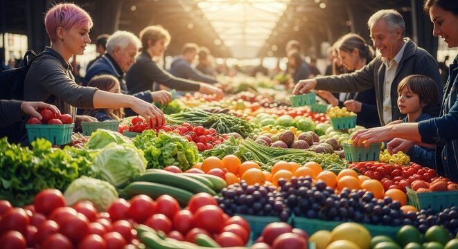 Fresh produce at farmers market healthy food local grown vegetables fruits organic shopping community event 
