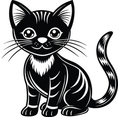 Obraz premium Cute black cat sitting with large eyes and striped tail silhouette .eps
