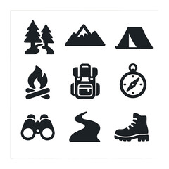 Wilderness Adventure Icons. Solid, filled icons set of wilderness travel: forest trail, mountain, tent,