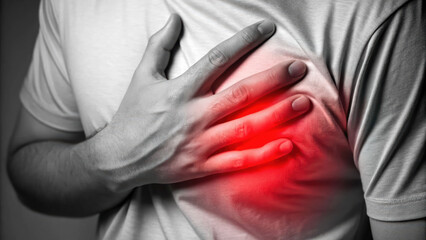 Man holding chest with red highlight showing heart failure pain and stroke risk in black and white image with emotional expression