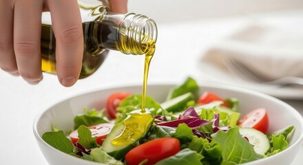 Pouring extra virgin olive oil on fresh vegetable salad for healthy eating and diet concept 