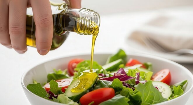 Pouring extra virgin olive oil on fresh vegetable salad for healthy eating and diet concept - Powered by Adobe