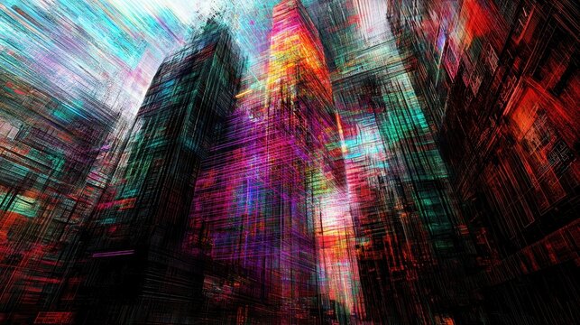 Colorful digital cityscape with vibrant lines and structures.