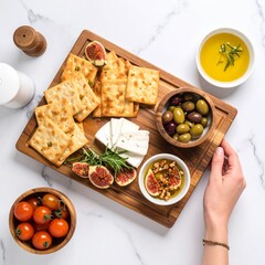 food flat lay view from top of a wooden Charcuterie board with thin square crostini
