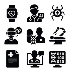 Futuristic Healthcare Icons. Solid, filled icons set of futuristic healthcare: wearable health monitor, AI