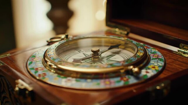 Antique compass rose in a wood box with flower inlay detail