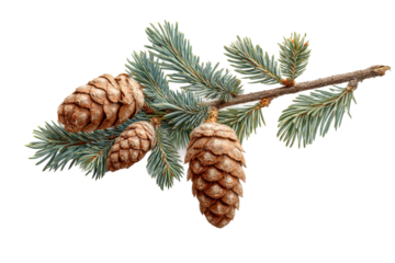 PNG Spruce branch with pine cones on white background