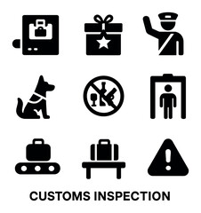 Customs Inspection Icons. Solid, filled icons set of customs inspection: X-ray machine, suspicious package,