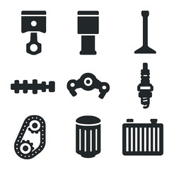 Fototapeta premium Engine Parts Icons. Solid, filled icons set of engine components: piston, cylinder, valve, camshaft,