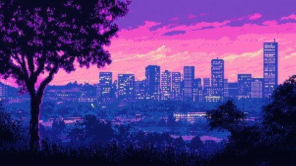 Obraz premium Pixelated city skyline at dusk.