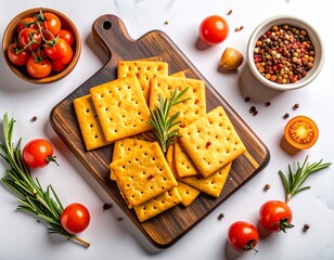 food flat lay view from top of a wooden Charcuterie board with thin square crostini