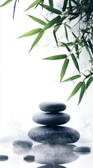 Soft Mist over Zen Objects – White Background Wellness Concept